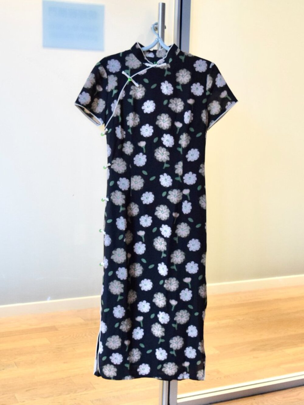 Black White Flora Chiffon Long Qipao - Chinese Dress Cheongsam
